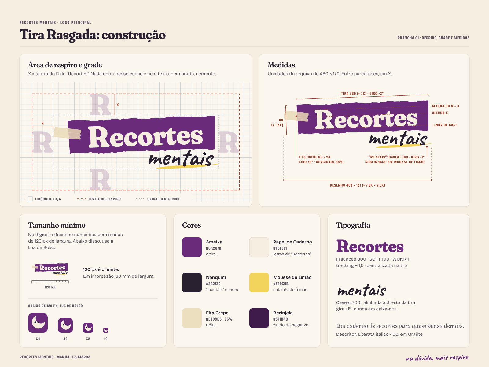Prancha de construção do logo Tira Rasgada: área de respiro, grade, medidas, tamanho mínimo, cores e tipografia
