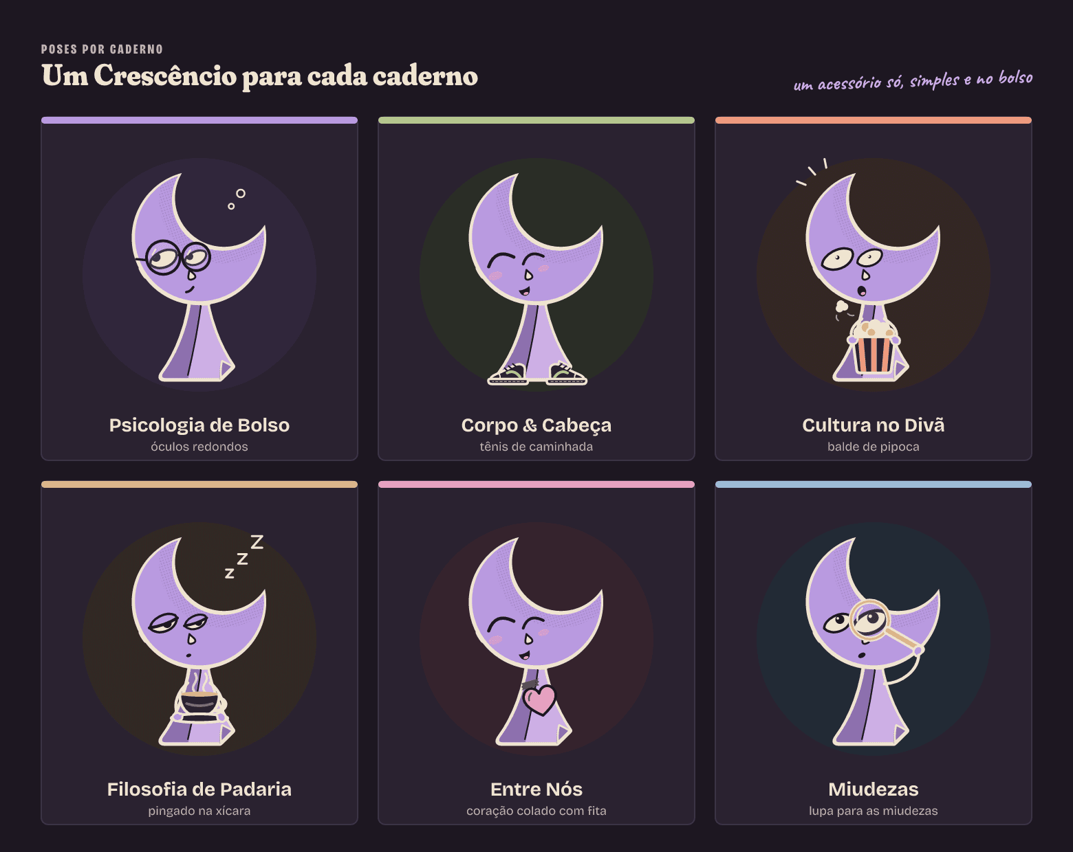 Seis poses do Crescêncio, uma por caderno: óculos, tênis, pipoca, xícara, coração colado e lupa (versão noite)