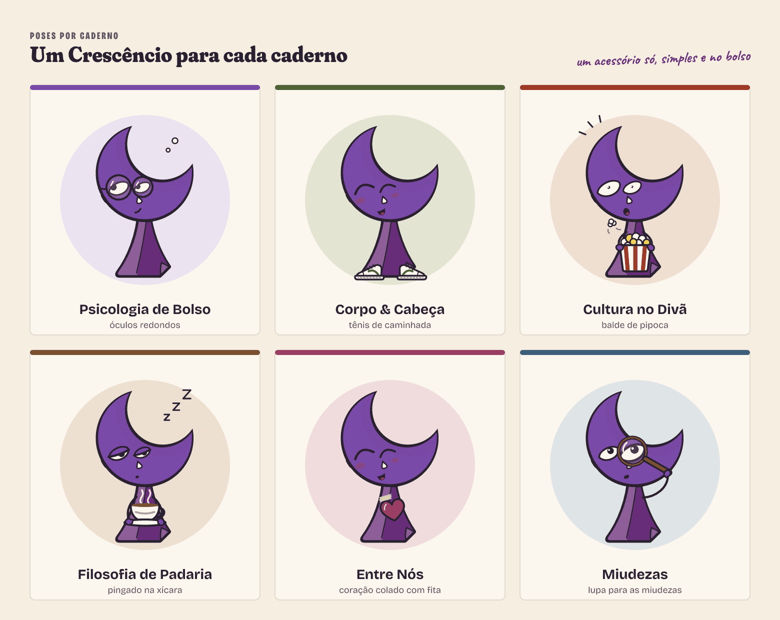 Seis poses do Crescêncio, uma por caderno: óculos, tênis, pipoca, xícara, coração colado e lupa